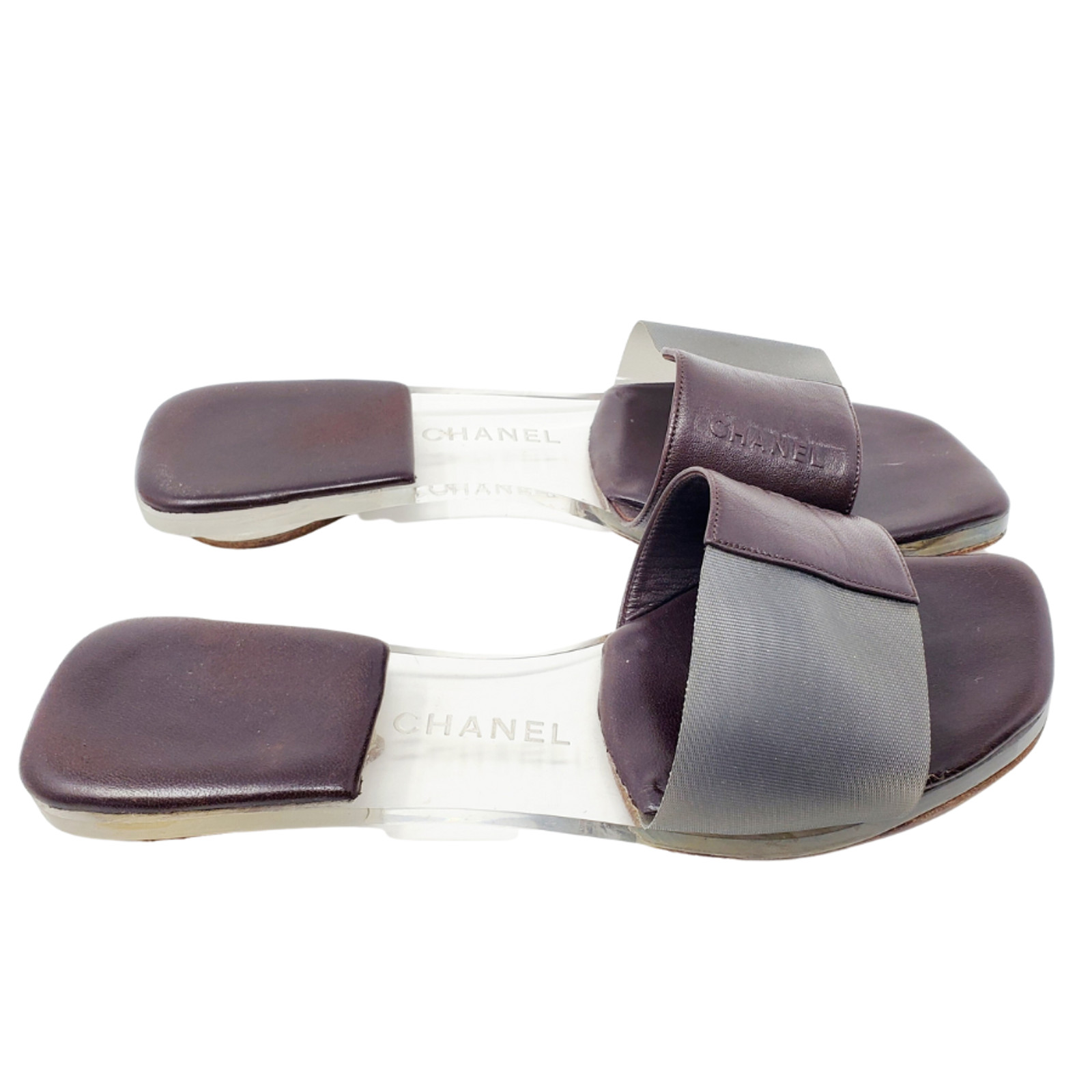 Chanel Sandals Brown Leather Flat Slides LOGO Clear Block PVC Mules EU 36.5
