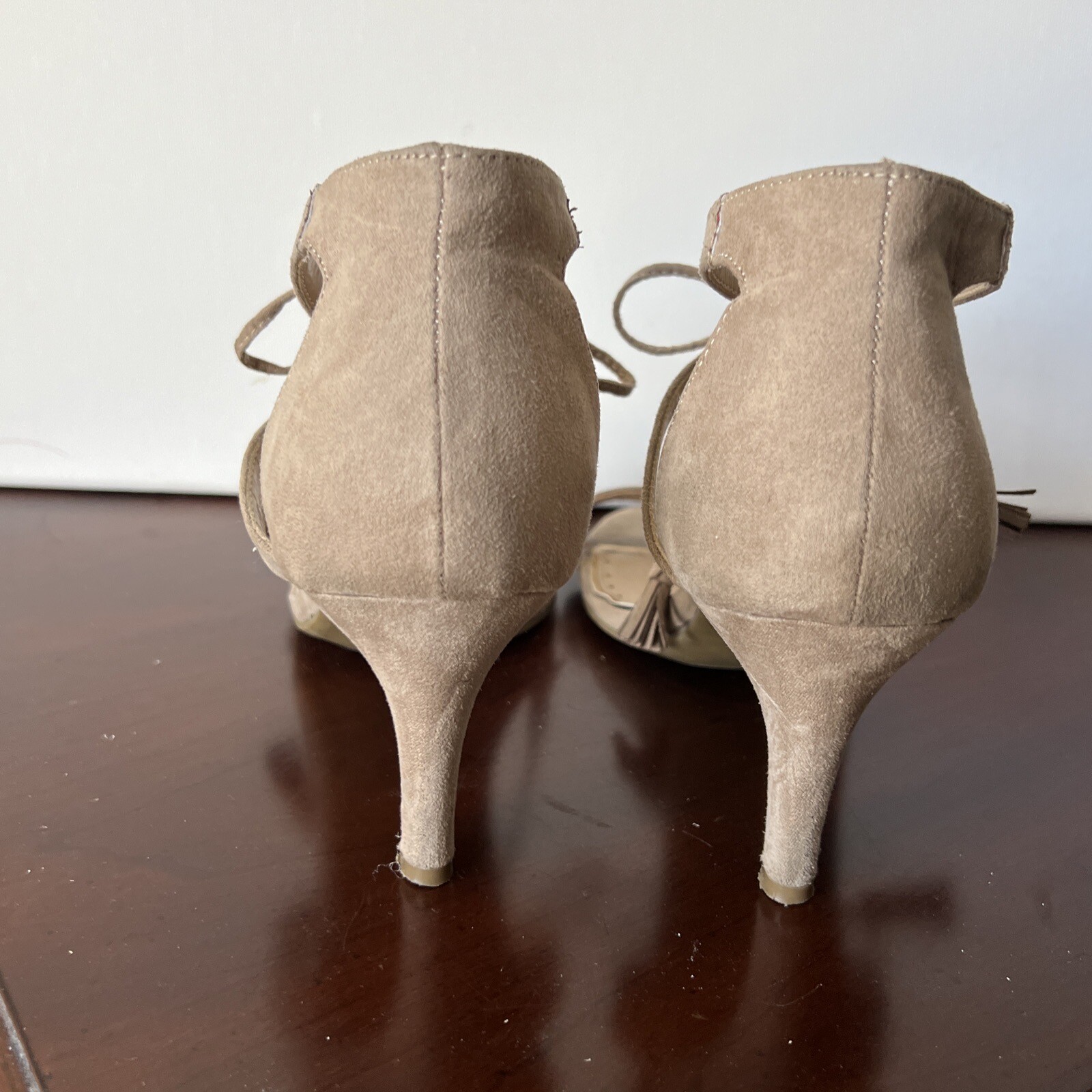 Madeline Women’s Beige Faux Suede Strappy Tie Heels 9.5
