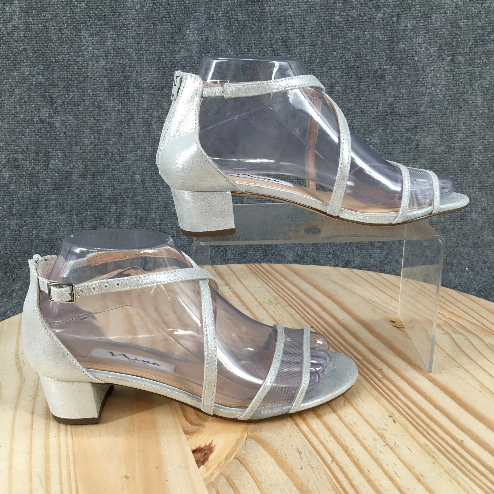 Nina Sandals Womens 6 M Ankle Strap Back Zip Casual Comfort Block Heels Silver