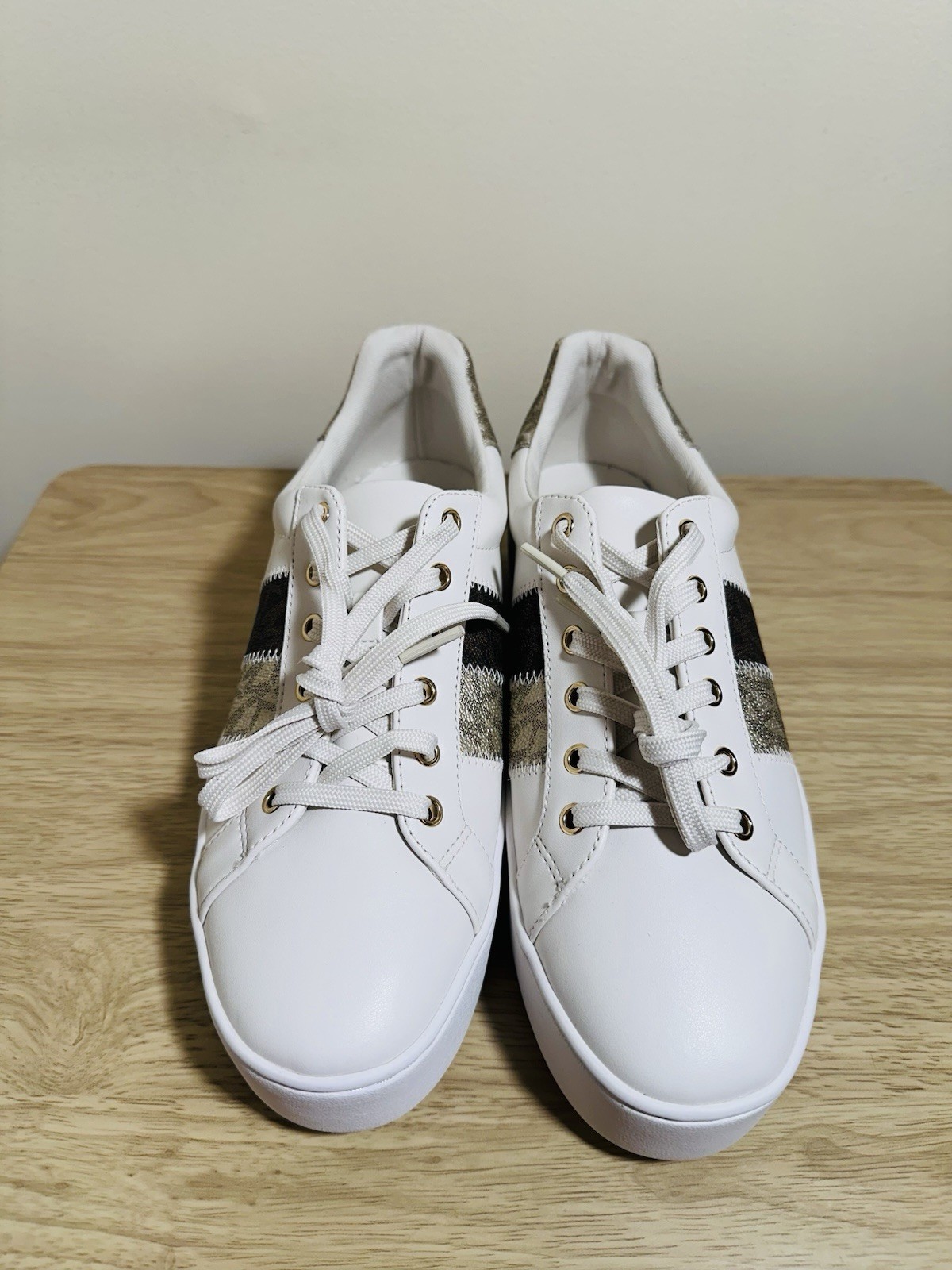 Michael Kors lace up MK signature print sneaker shoes white brown gold NWOB 9.5
