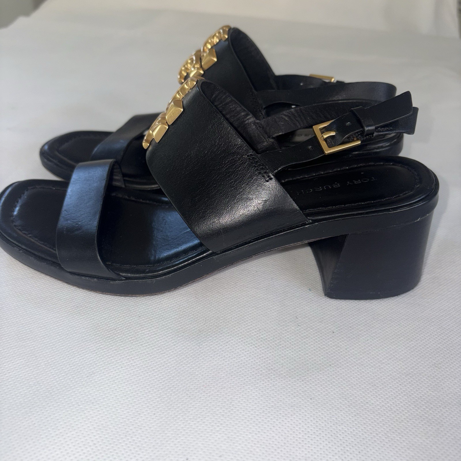Tory Burch Eleanor Black Leather Block Heel Slingback Sandals US 6 Gold Logo