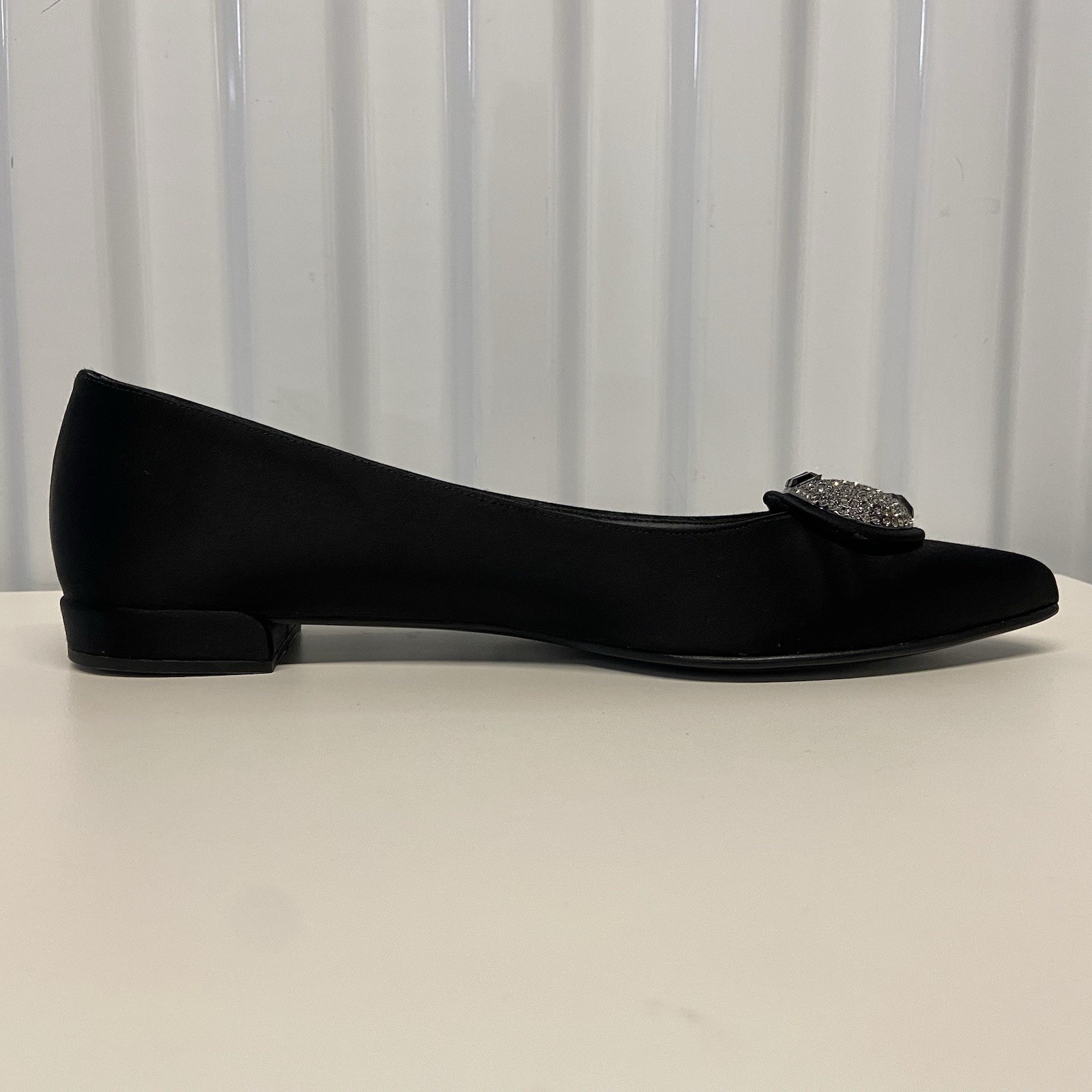 VTG 90s Stuart Weitzman Black Satin Pointed Toe Rhinestone Dress Flats 7 N