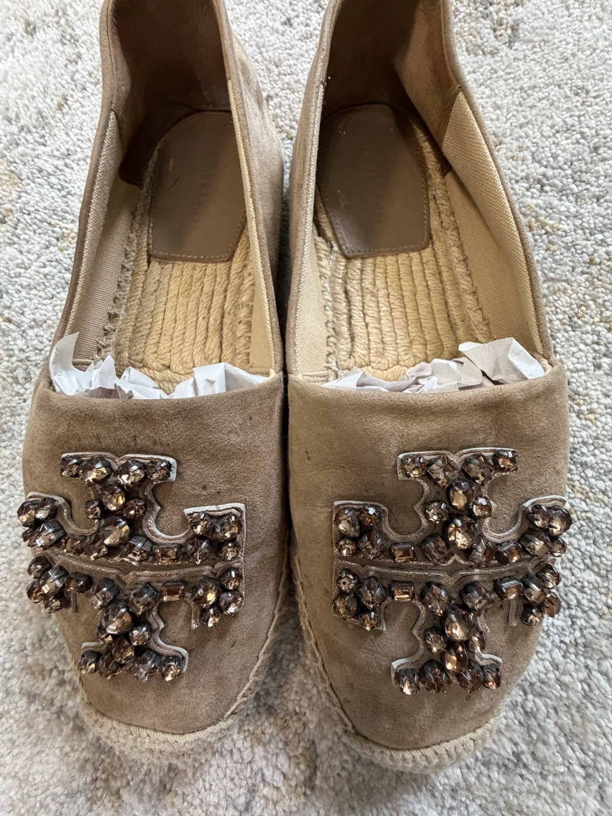 Tory Burch Ines Embellished Suede Espadrilles Taupe Tan Crystal Logo Flats 8