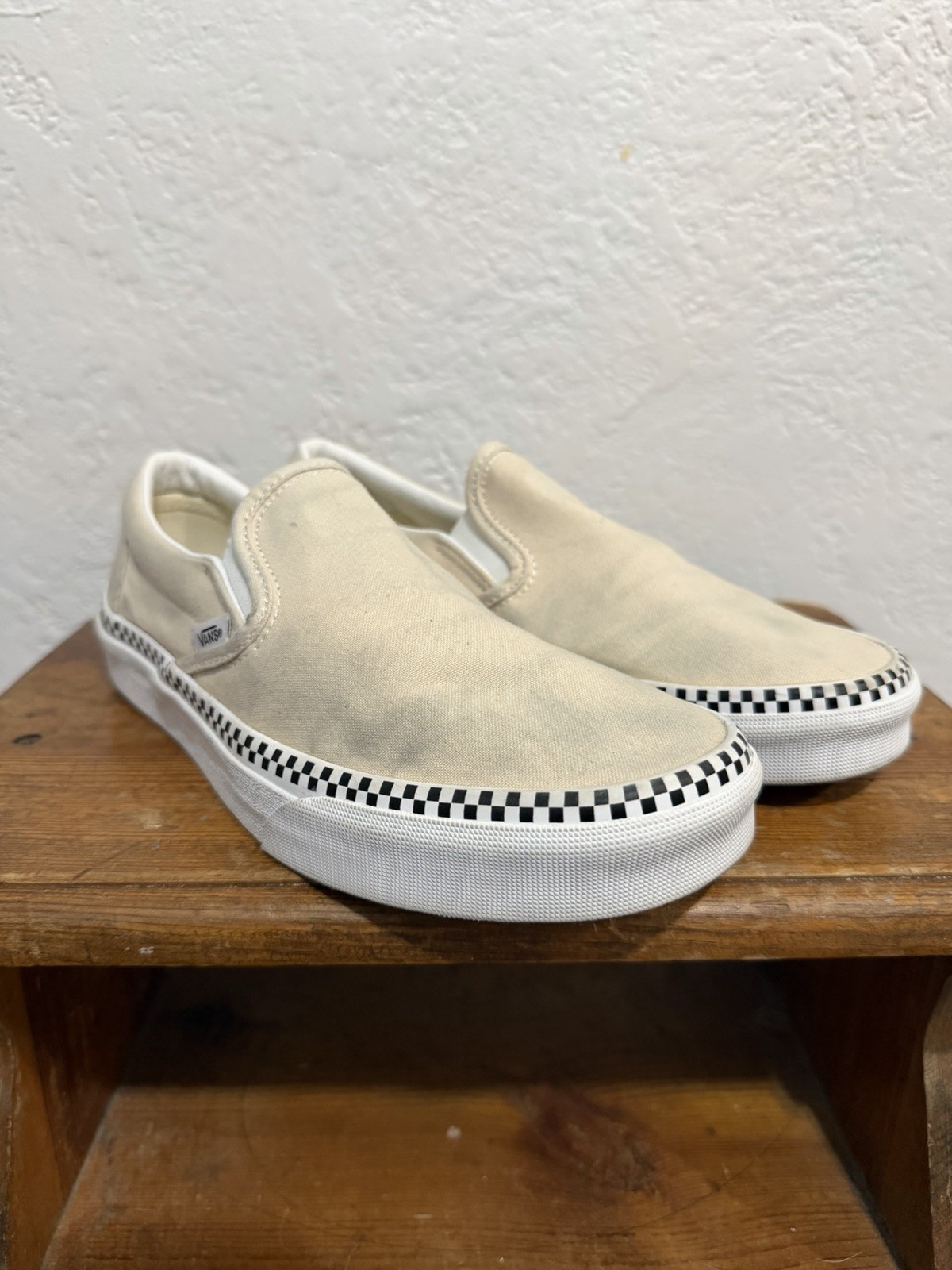Vans Slip-On Cream Off White Checkerboard Trim Skate Shoes Y2K Gorpcore Size 8