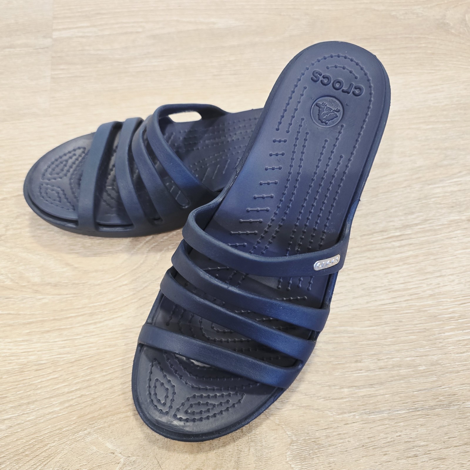 Crocs Rhonda Women’s Wedge Sandal US 8 Blue Slip On 4-Strappy Open Toe Slides