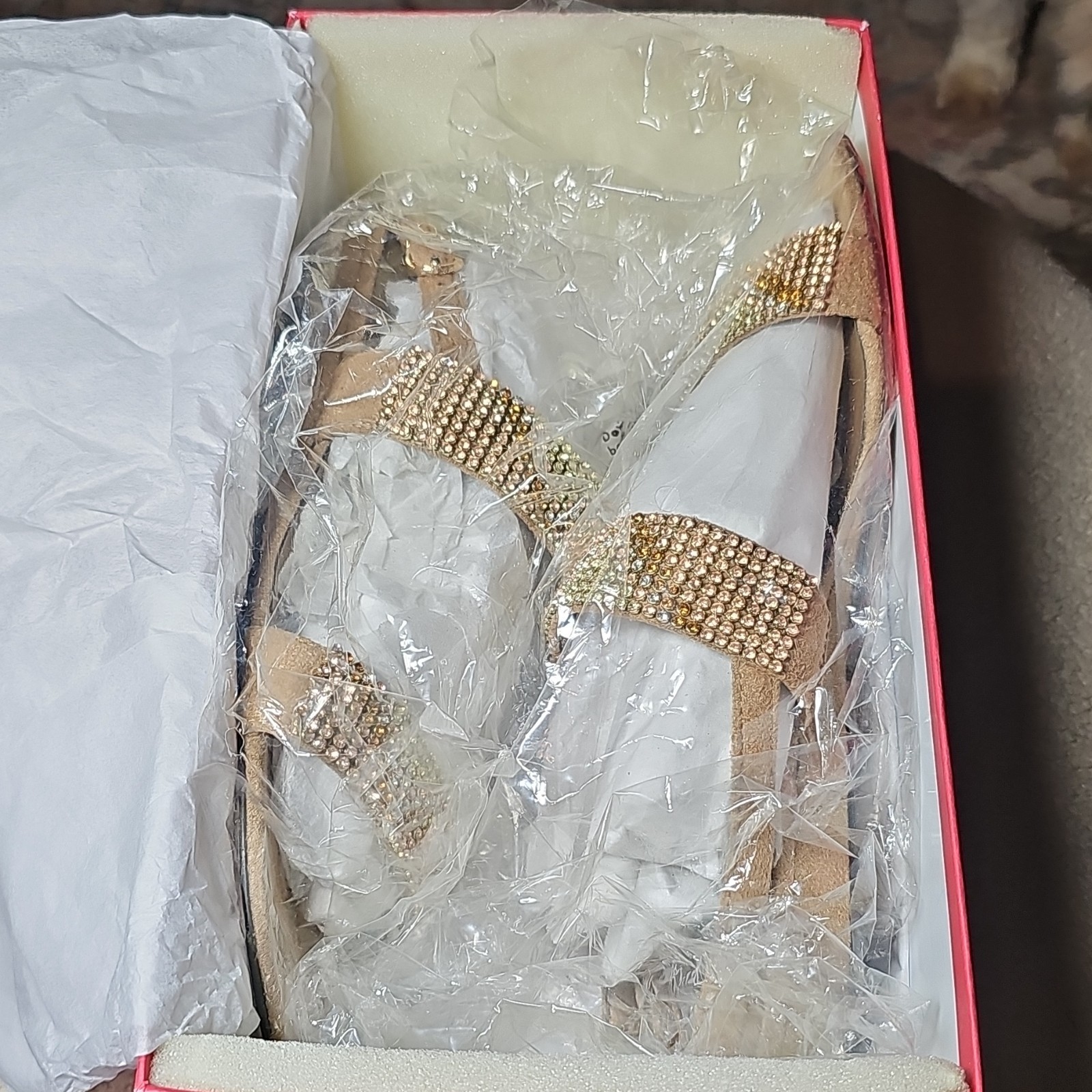 Vaneli Women’s Strappy Ankle Strap Buckle Suede Rhinestone Sandals Beige 9.5 N
