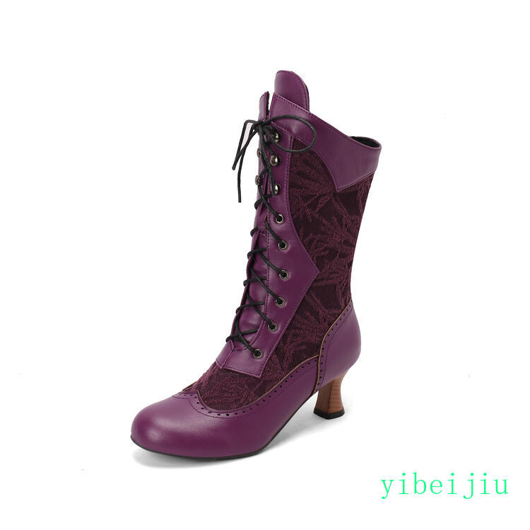 Women’s Mid Calf Kitten Heel Ankle Boots Lace Up Leather Shoes Leather Vintage