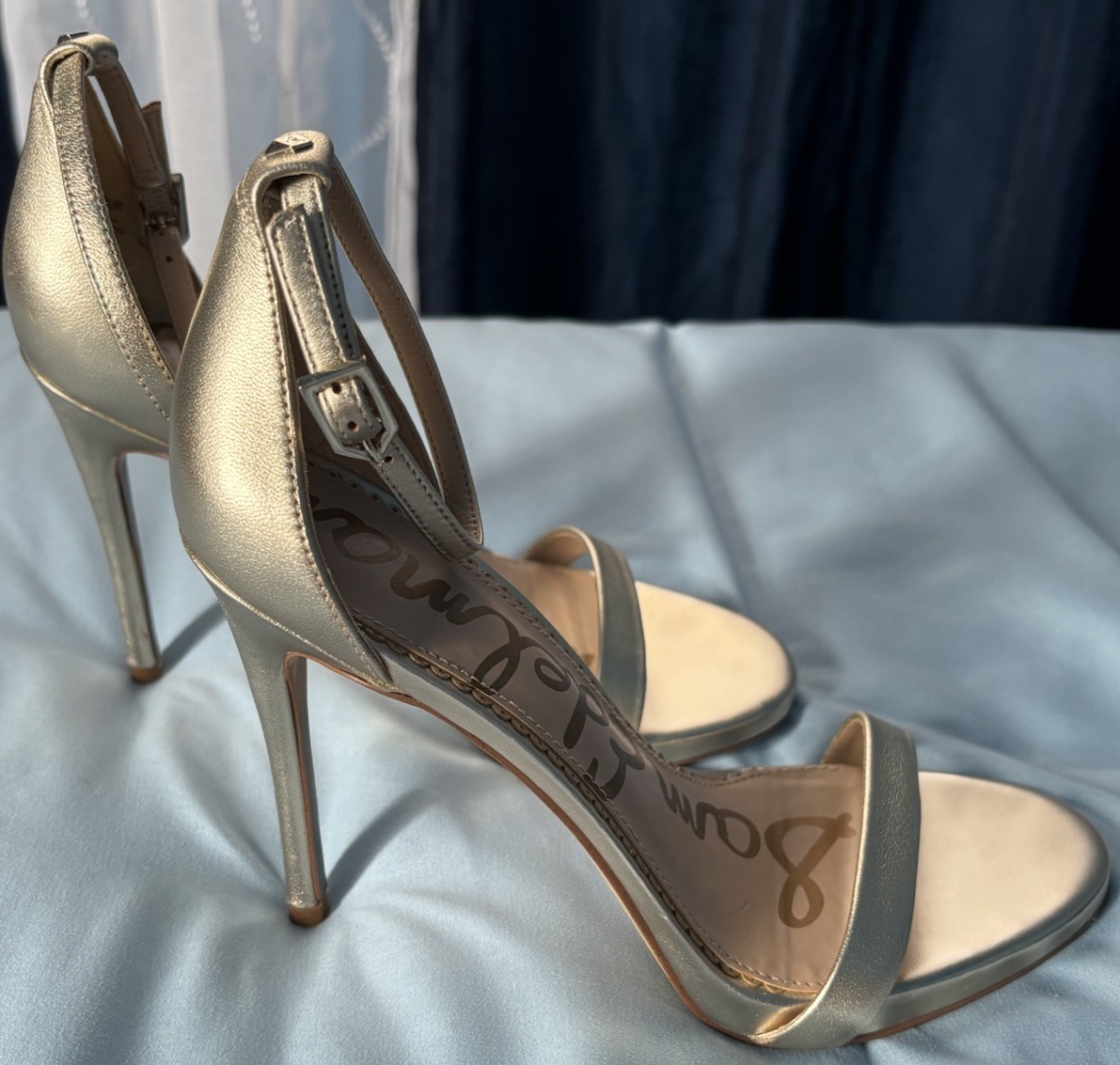 Sam Edelman Ariella Gold Leather Open Toe Stiletto Ankle Strap Heels US 7