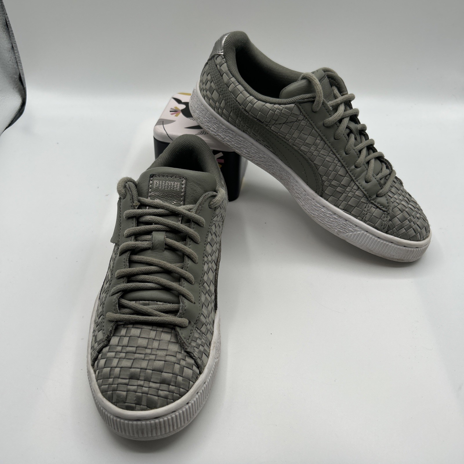 Puma Basket Satin Gray-Khaki Sneakers, Women’s SZ: 7M,Woven Textile & Leather