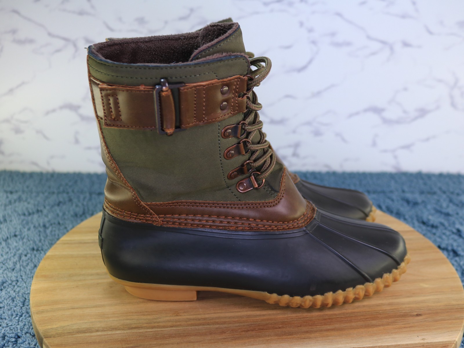 JBU Calgary Brown Green Black Lace Up Mid Calf Duck Work Rain Boot Women Sz 6.5M