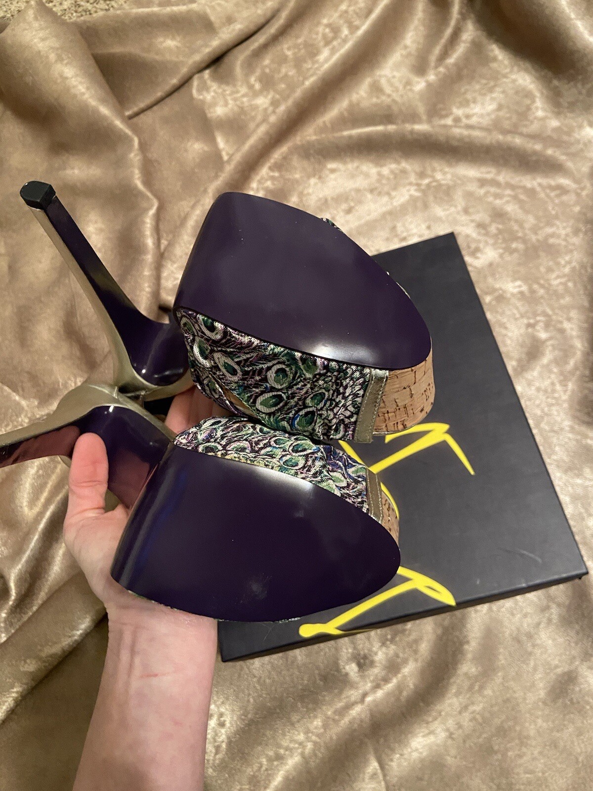 NIB London Trash Platform Silver Peacock heels Calypso Gorgeous!!!