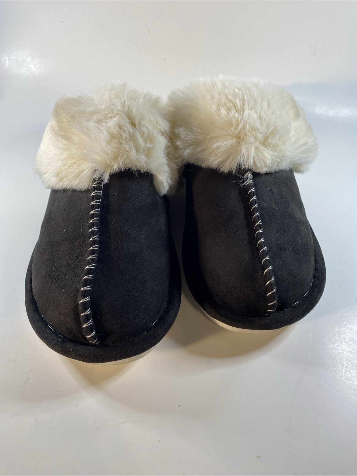 Women’s Faux Suede Slip-On Slippers Black White Fur Trim Lined Comfort Flat 7/8
