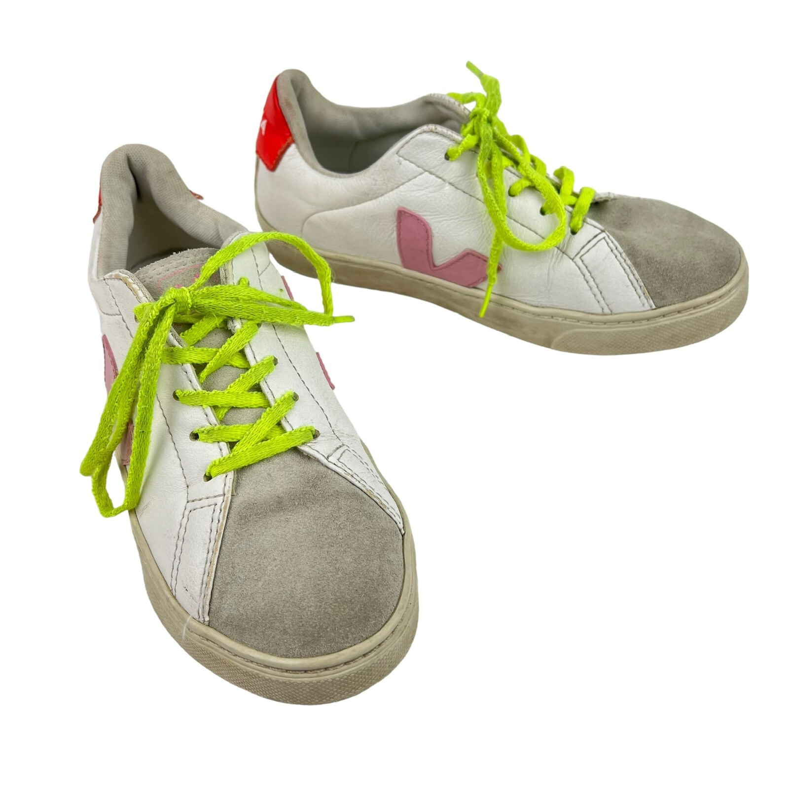 VEJA Women’s Leather Sneakers White Pink Red Neon Laces • Size US 4 | EU 35