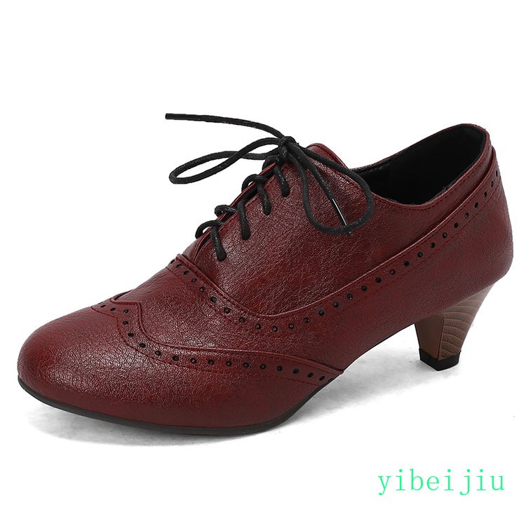 Spring Women’s Low Kitten Heel Wing Tip Lace Up Brogue Shoes Vintage Plus Size