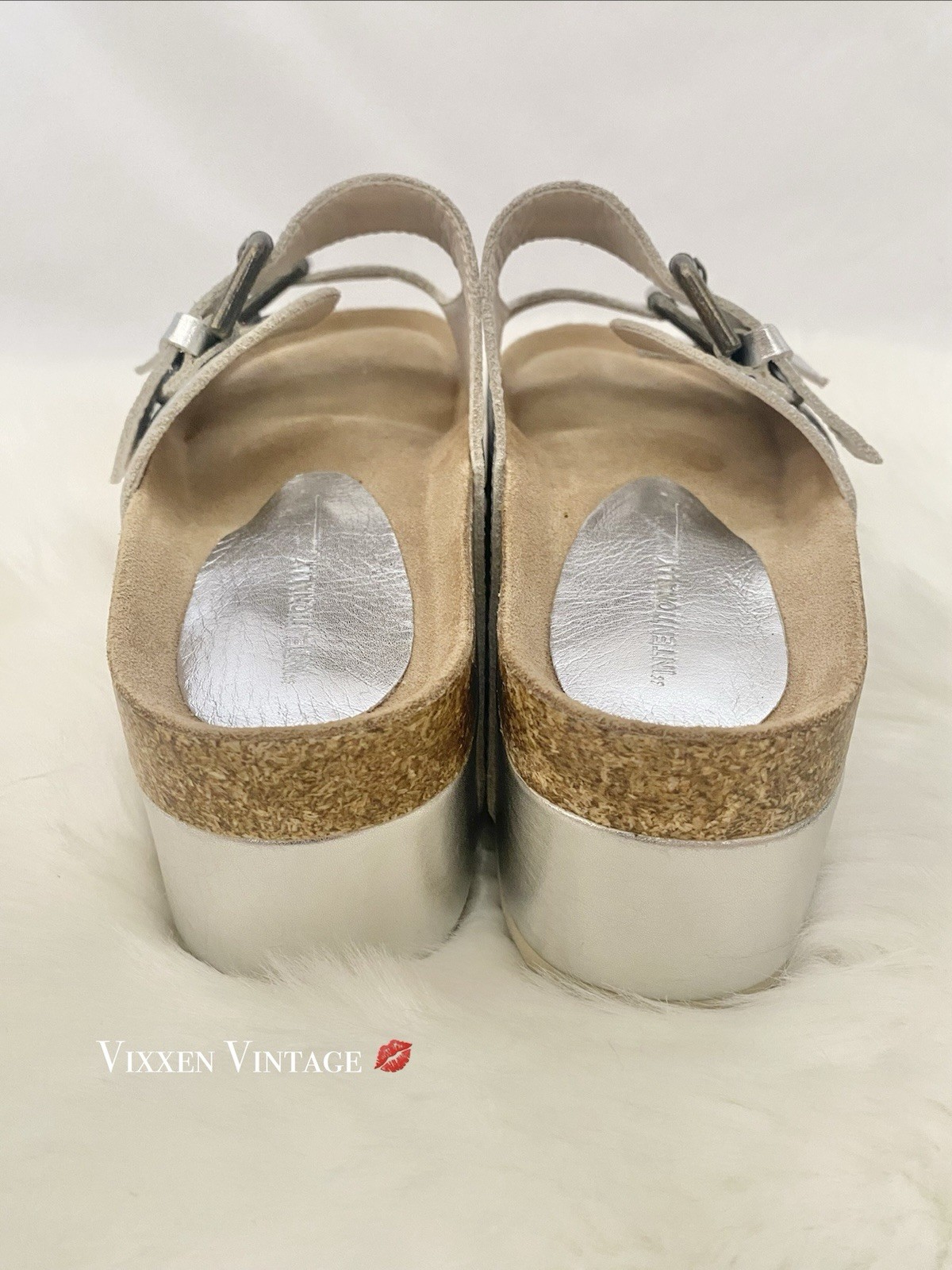 FREE PEOPLE X INTENTIONALLY BLANK ‘RULE BREAKER FLATFORM SANDALS’ IN SILVER $210