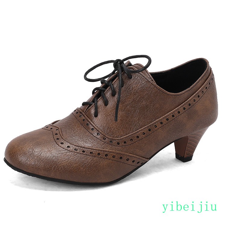 Spring Women’s Low Kitten Heel Wing Tip Lace Up Brogue Shoes Vintage Plus Size