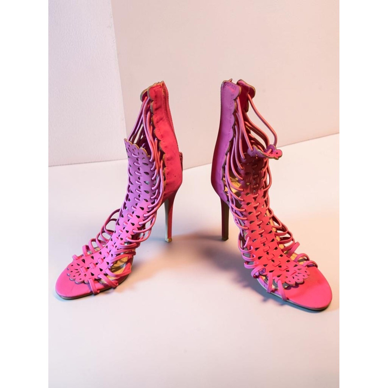 Fuchsia Strappy High Heel Sandals Women’s Sculpted Lace Up Stiletto Evening