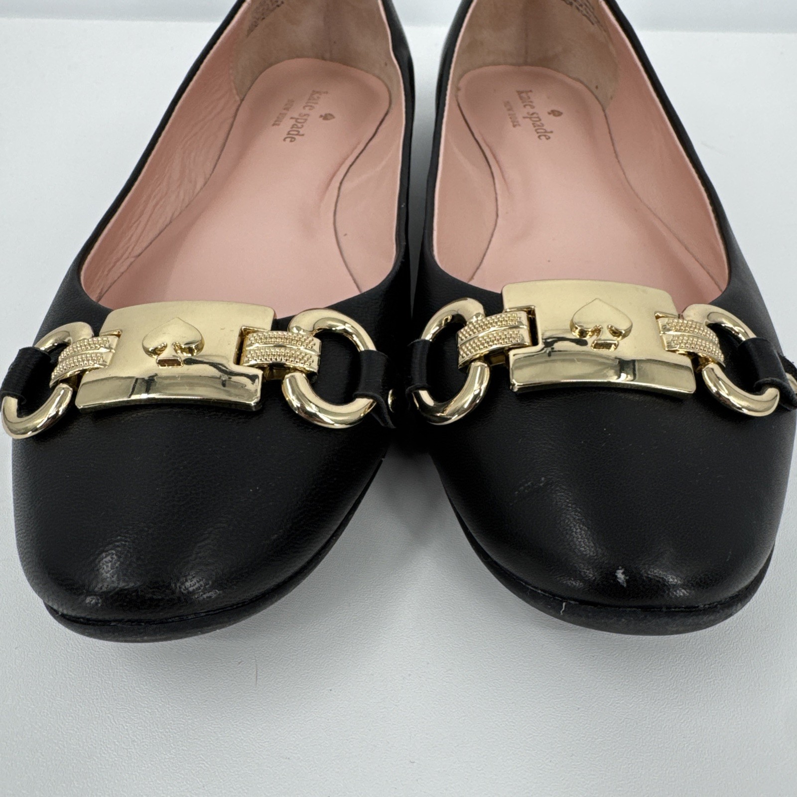 Kate Spade New York Phoebe Black Leather Gold Logo Ballet Flats 8 City Preppy
