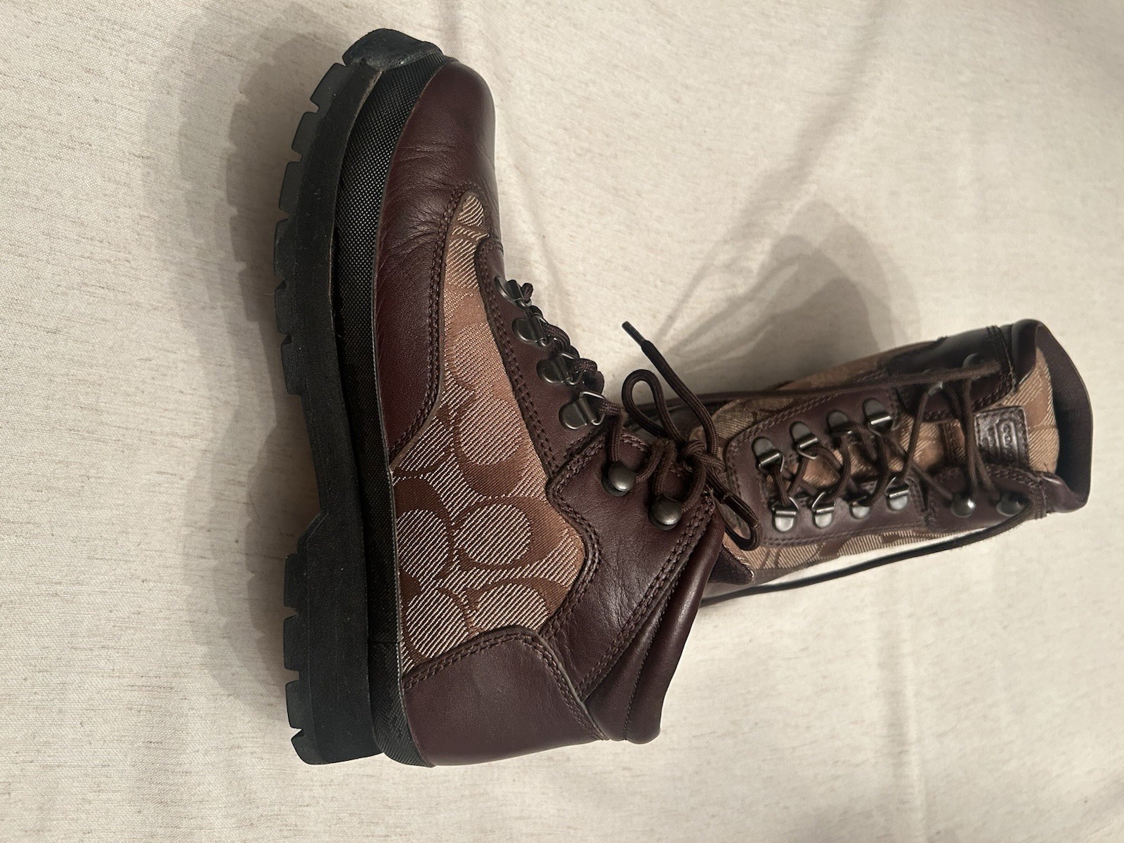 Coach Womens Hannah Brown Leather Signature Monogram Canvas Hiking Ankle Boots