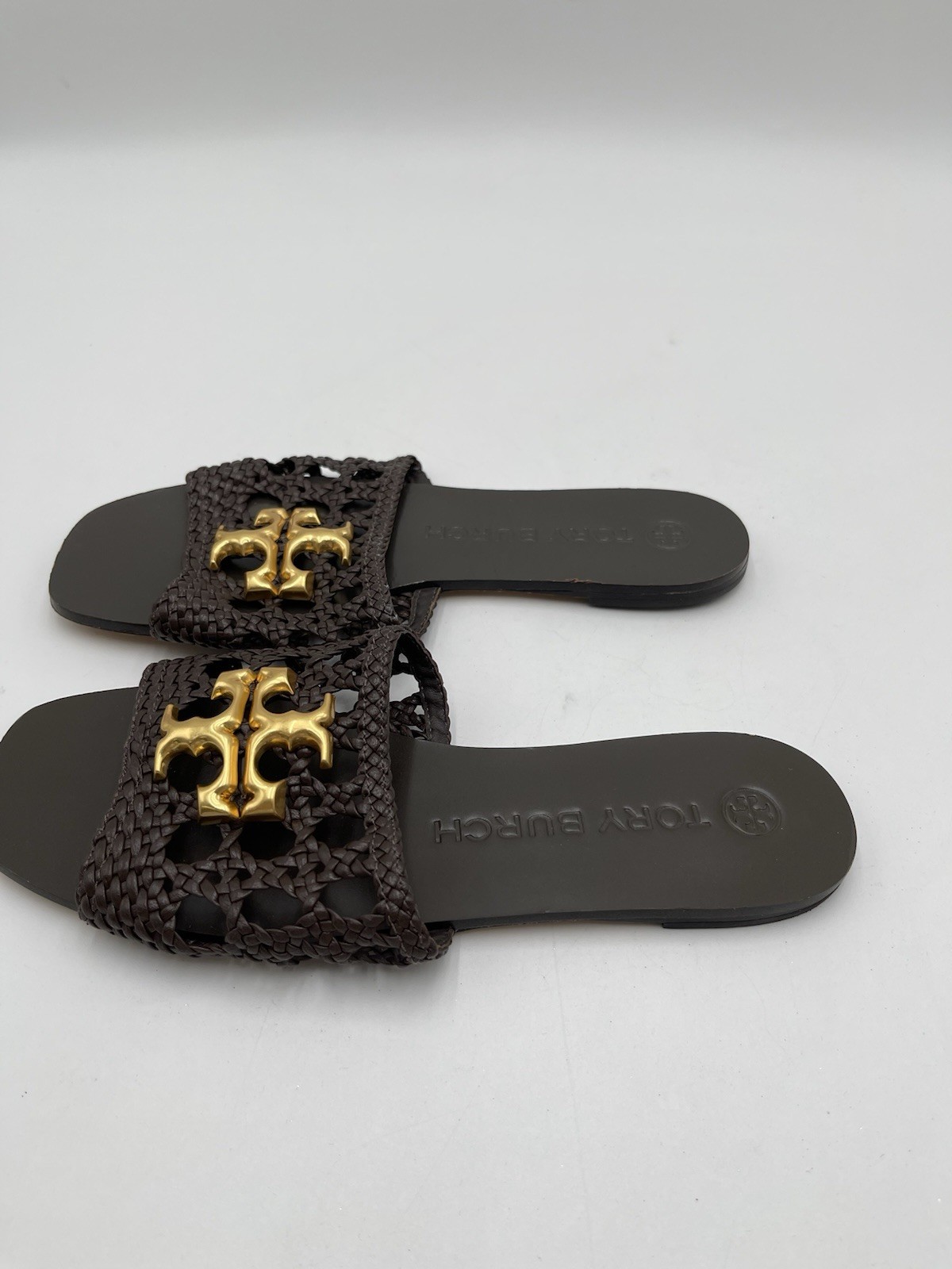 Tory Burch Eleanor Woven Flat Slide Woven Brown Leather Size 6M
