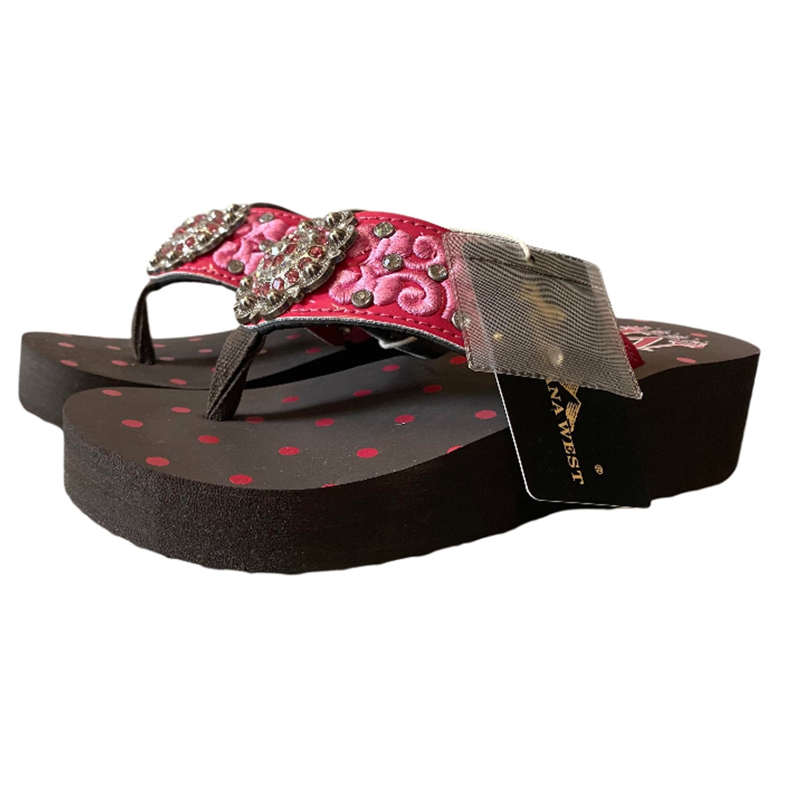 Montana West Women’s Brown Platform Pink Embroidered with Rhinestone Concho NIB