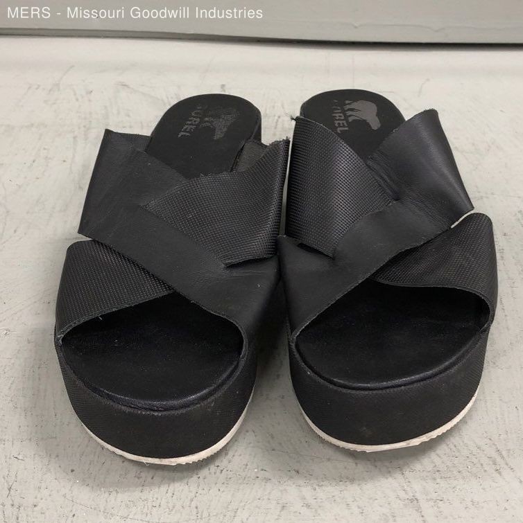 Sorel Viibe Twist Slide Black Leather Platform Wedge Sandals Women’s Size 9.5