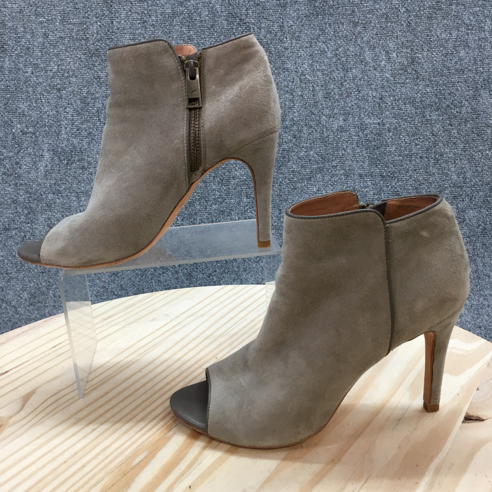 Joie Boots Womens 38 Ankle Booties Gray Suede Stiletto Heels Peep Toe Zip