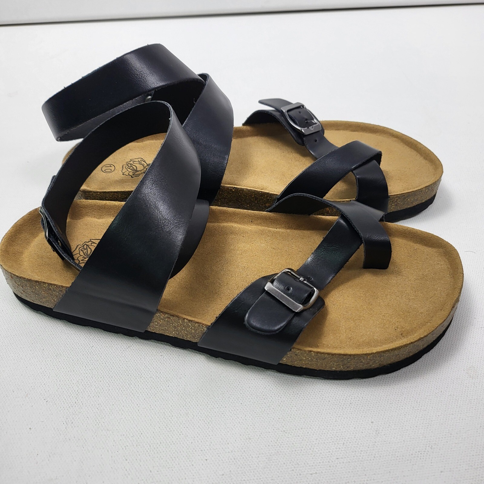 Love Rose Sandals womens size 10 black Ankle Strap Buckle soft Cork Footbed Shoe