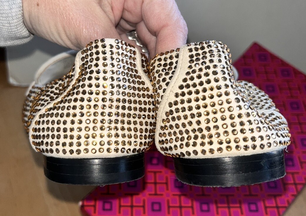 Tory Burch Champagne Crystal Covered Cream Suede Ballet Flats Loafer Sz 7.5 EUC!