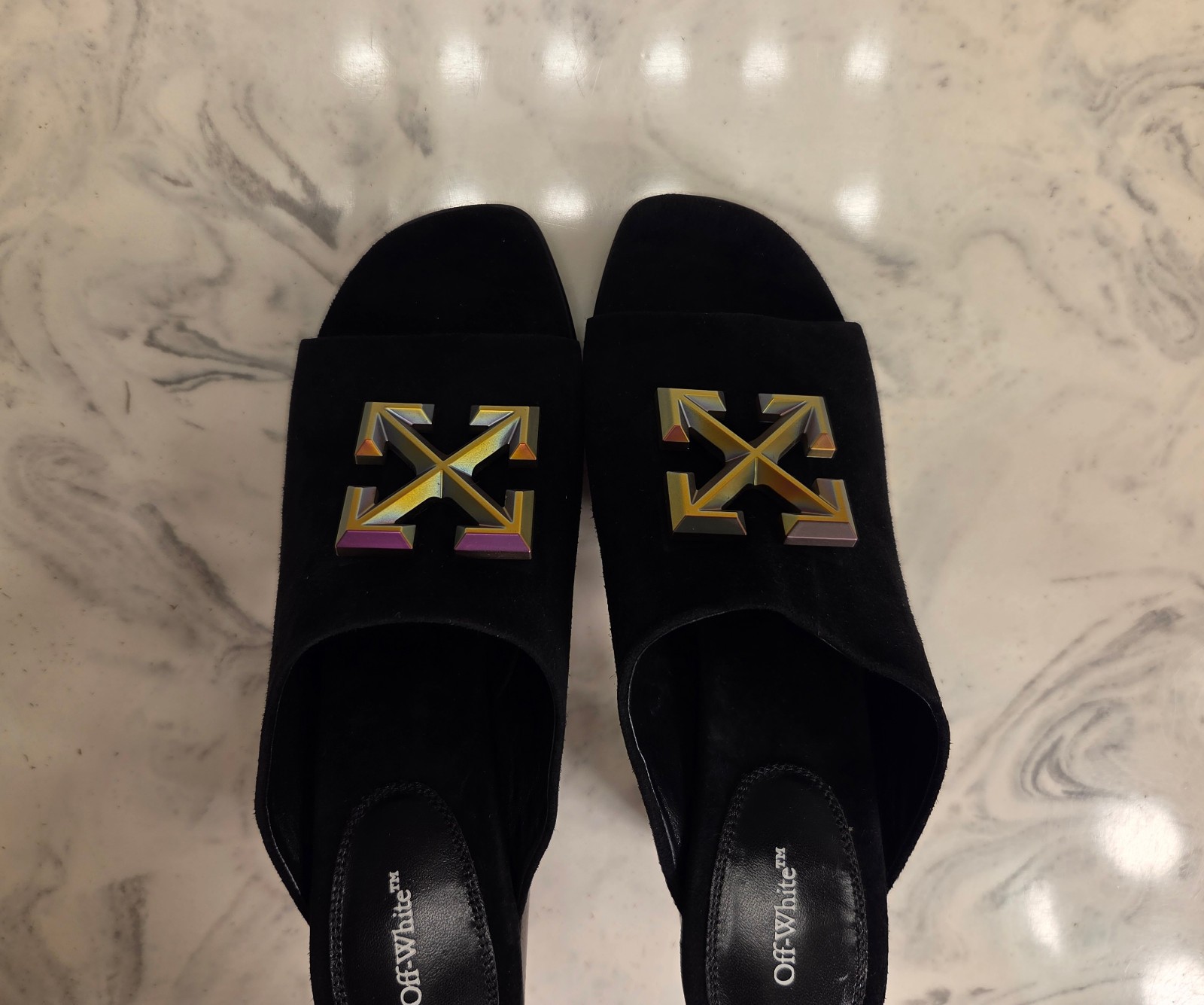 New! Off-White ‘Arrows Sabot’ Sandals Black Suede Womens 6 US 36 Eur. MSRP $900