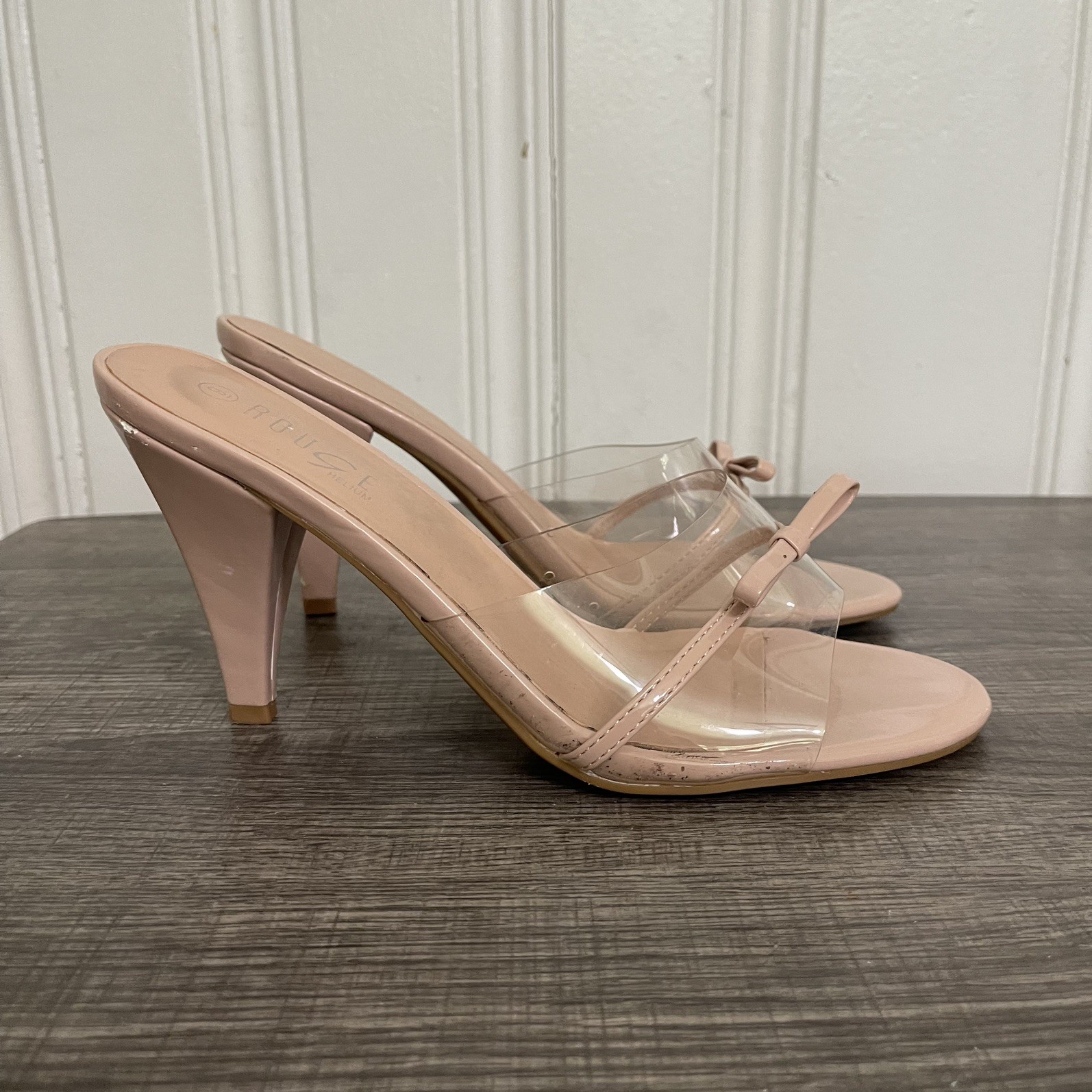 Rouge Helium Nude Clear Straps Bow Stiletto Heels Party Mule Sandals Size 9