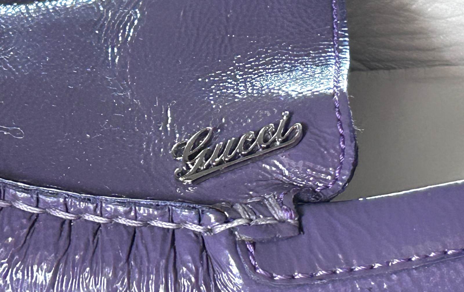 GUCCI Purple Patent Leather Script Logo Driving Loafers Shoes Womens 36 Italy