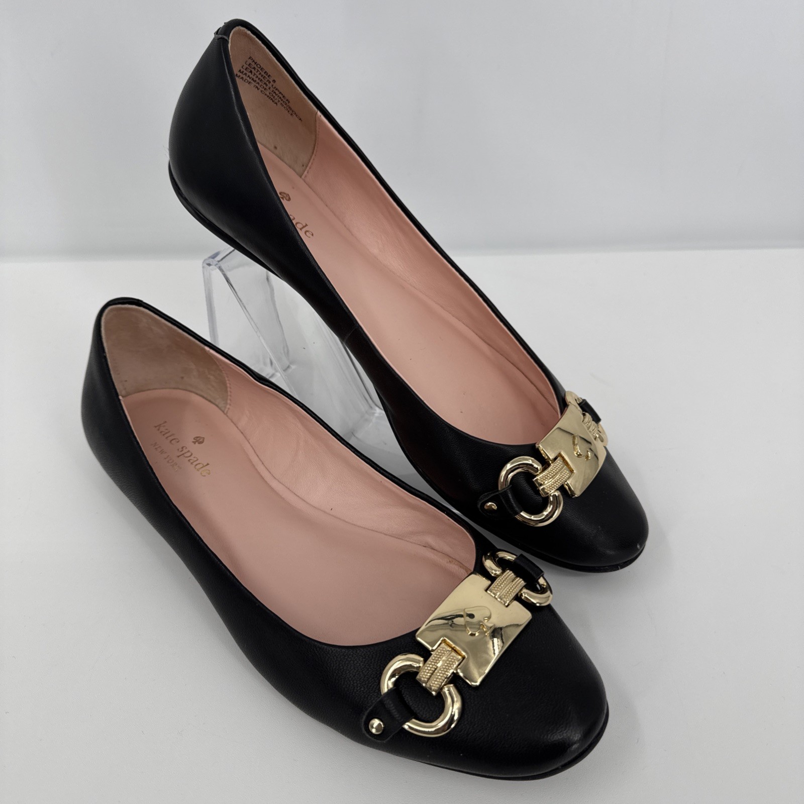 Kate Spade New York Phoebe Black Leather Gold Logo Ballet Flats 8 City Preppy