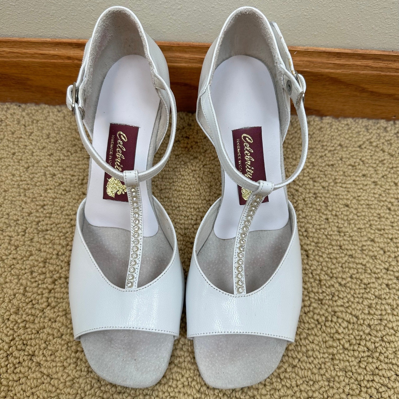 Celebrity Womens Dance Shoes Ballroom Latin T- Strap Heels Rhinestones White 9.5