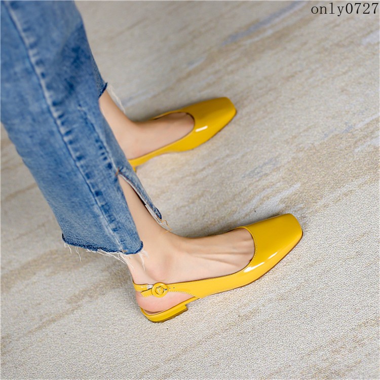 Women Patent Leather Square Toe Slingback Flat Ankle Buckle Office Casual Shoes
