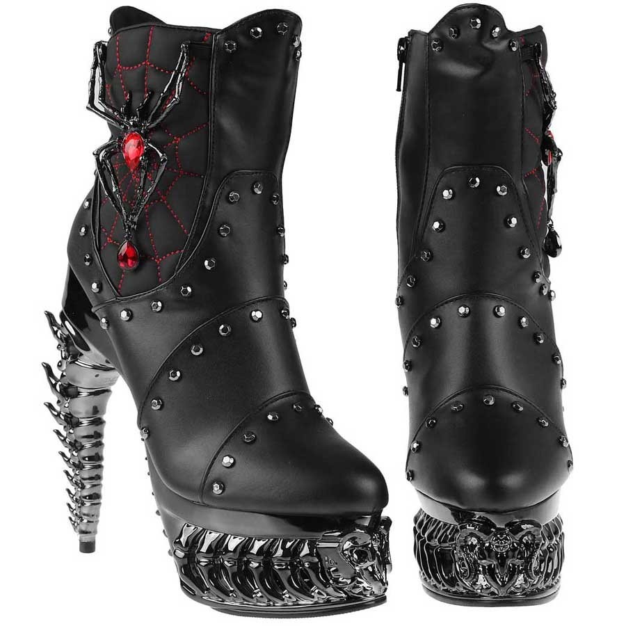 Hades + Alchemy Gothic BLACK WIDOW Ankle Boots 5″ Chrome Dragon Heel 6-12 NIB
