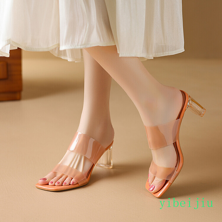 Womens Summer Slipper Slip On Clear Crystal High Heel Sandals Mules Slides Shoes