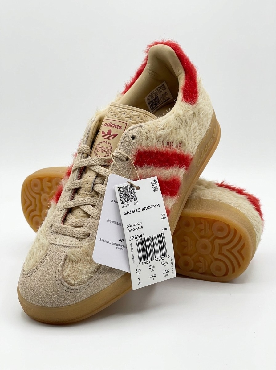 Adidas Gazelle Indoor W Womens 7 Fuzzy Faux Fur Beige Red Gum Sole NWT JP8341