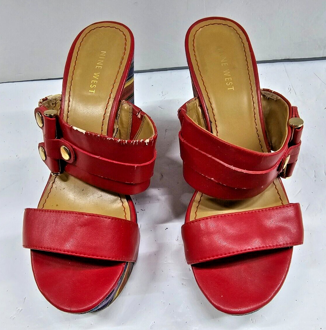 Nine West Womens Wedge Sandals Size 8.5 Red Multicolor Platform Heels