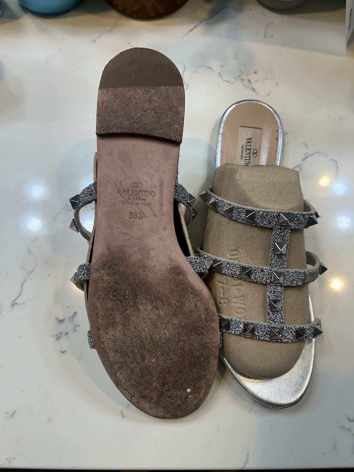 Valentino Garavani Silver Glitter Studded Strappy Slip-On Flat Sandals 38.5