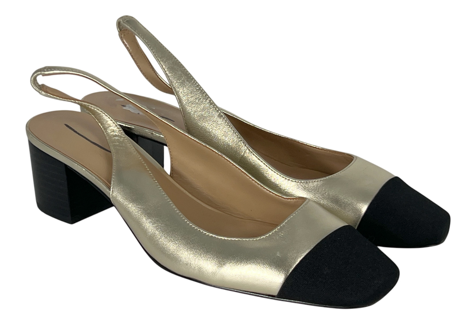 ANN TAYLOR METALLIC LEATHER CAP TOE SLINGBACK BLOCK HEEL PUMPS HEELS SHOES 9