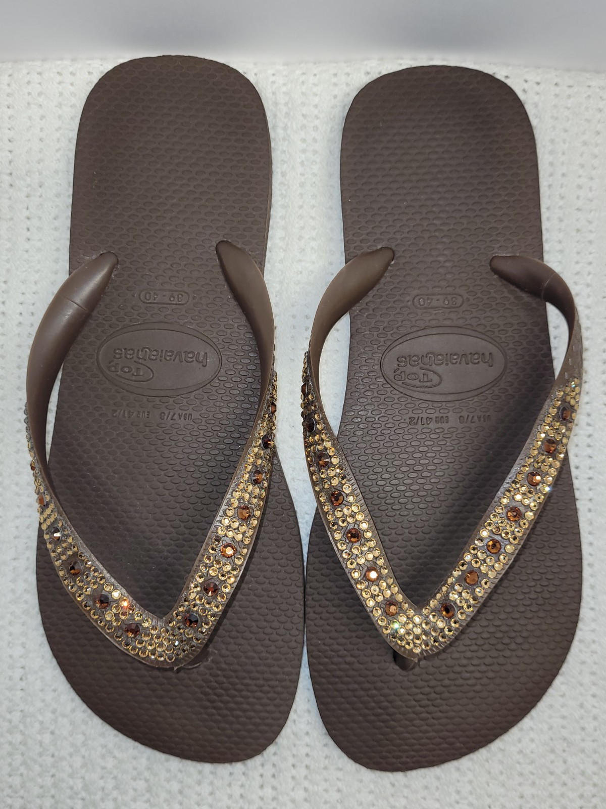 Havaianas Slim Glitter II brown sandals & rhinestone embellished straps W 9/10