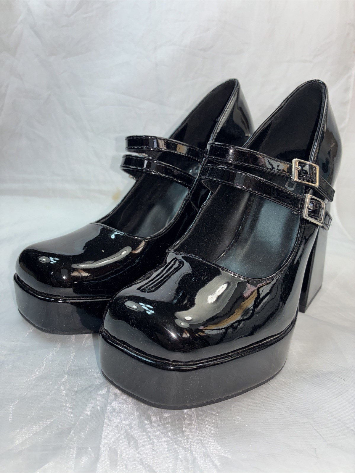 SODA-SOLANA 2 BAND PLATFORM PUMP PATENT MARY JANES Big 4.5″ Hi-Chunky Block Heel