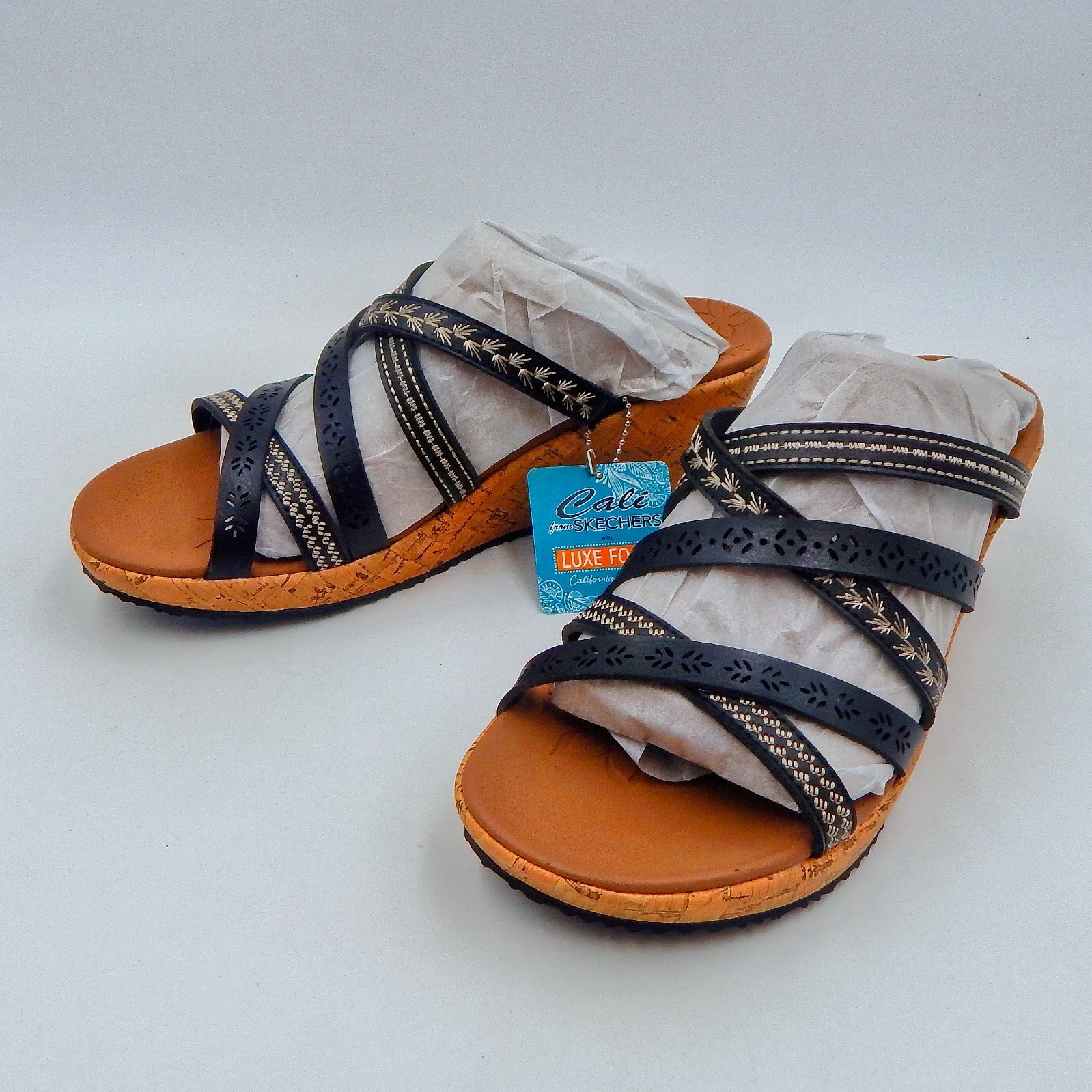 Cali Sandals from Skechers Women’s Luxe Foam Beverlee Tiger Posse Black 9M Wedge