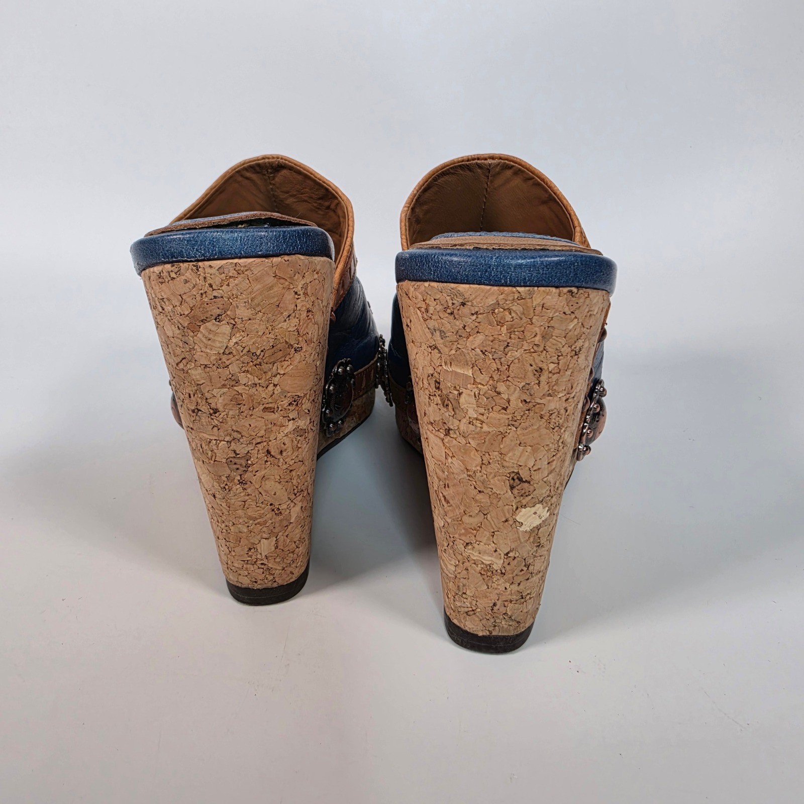 Y2K Saddle Up Wedge Mule Sandals Women’s 6 Blue Cork Western Concho