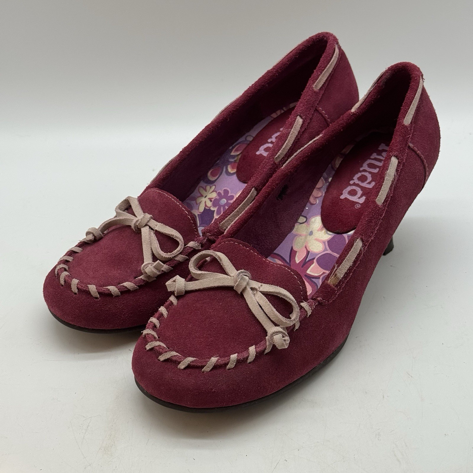 MUDD Y2K Freeda Womens 7 Raspberry Suede Leather Kitten Heel Moccasin Pumps Boho