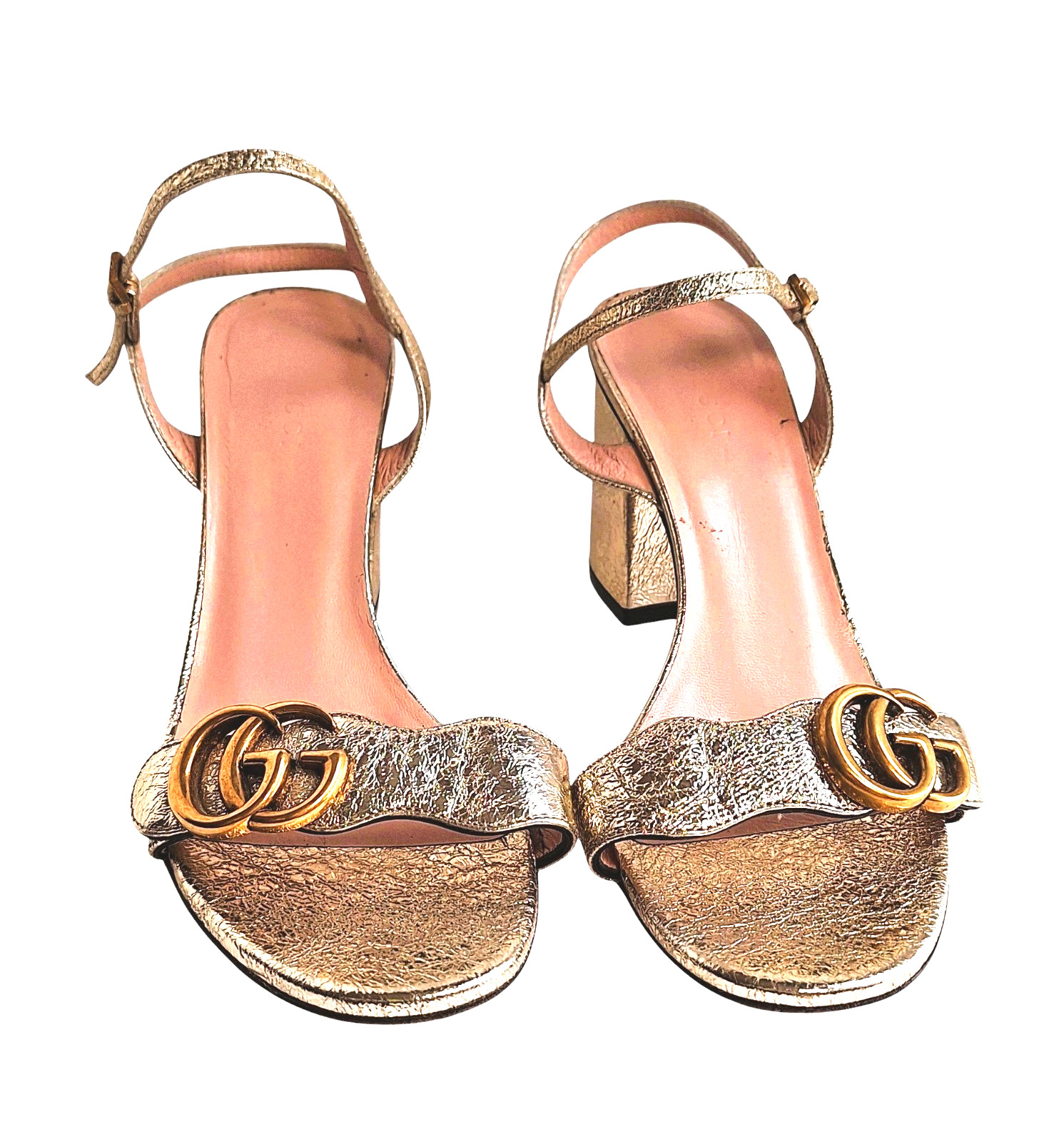Gucci GG Marmont Ankle Strap Block Heel Sandals in Gold Leather 37