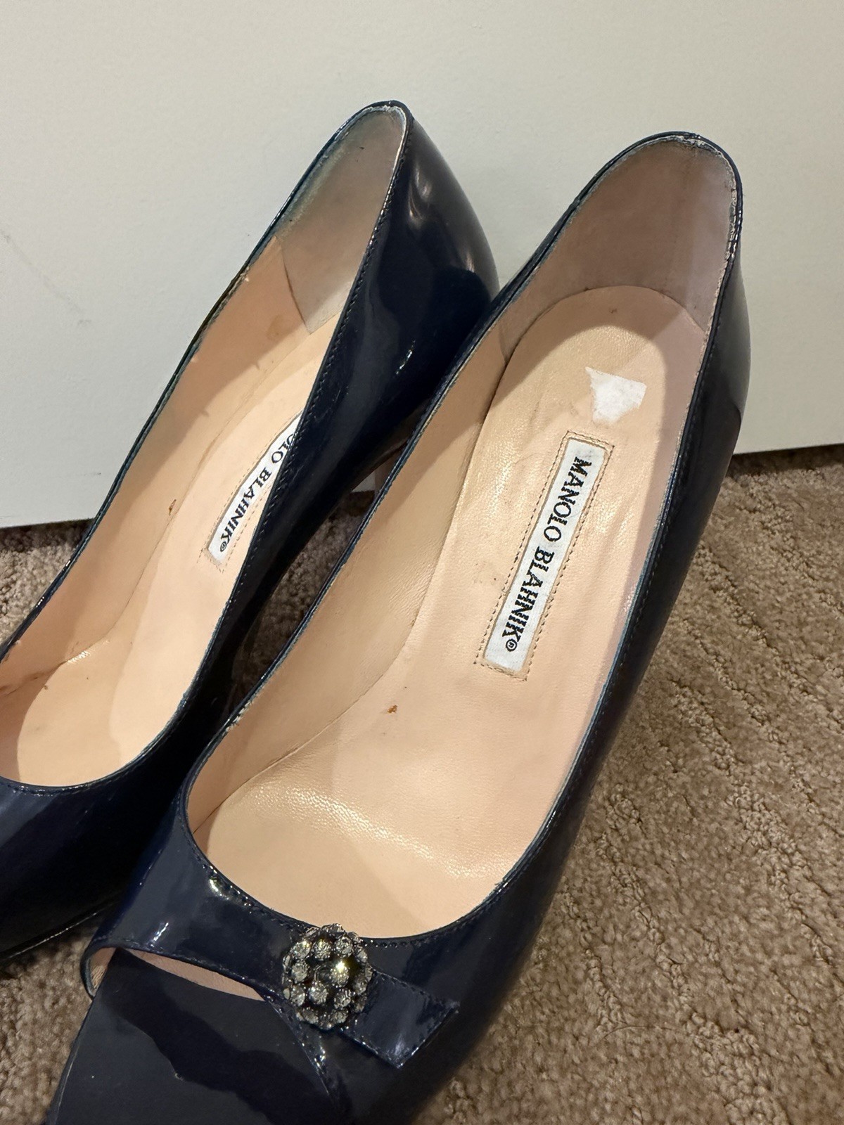 Manolo Blahnik Navy Patent Leather Open Toe Beaded Pumps Heels EU 39.5
