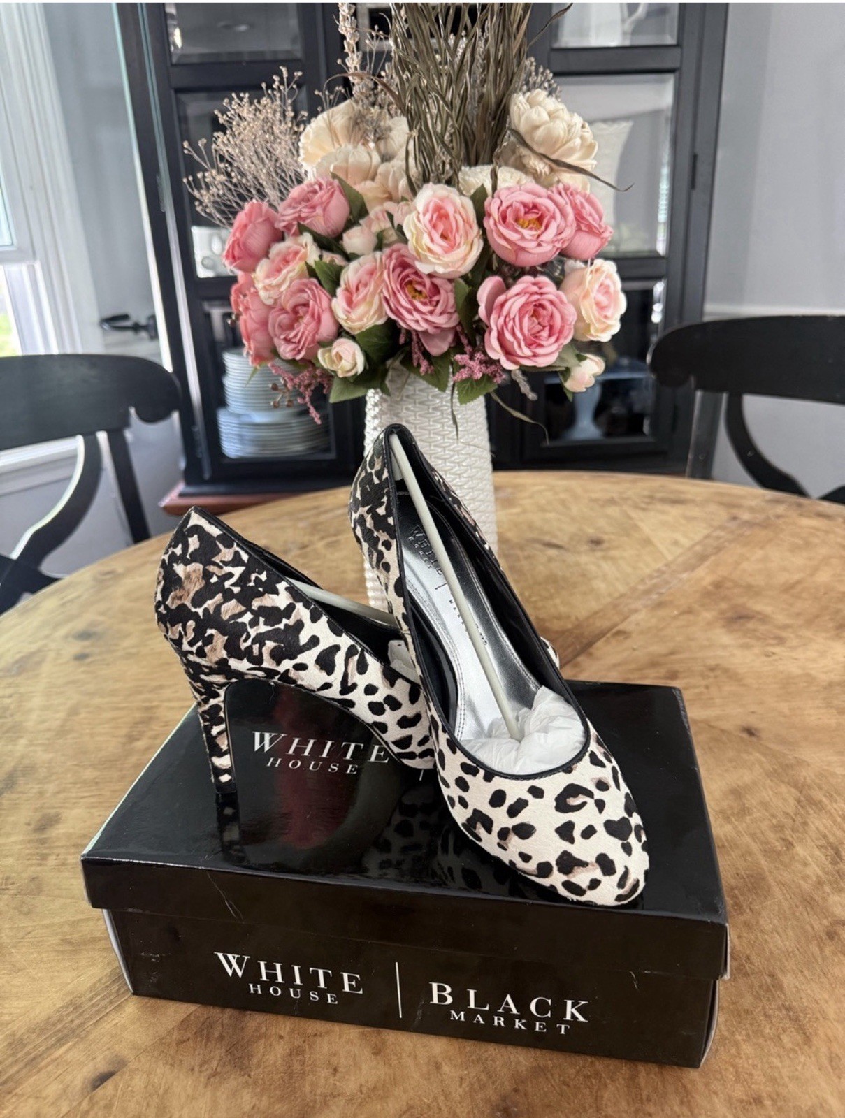 White House Black Market Women’s Animal Print Fur Stiletto Pumps 8 Black Beige