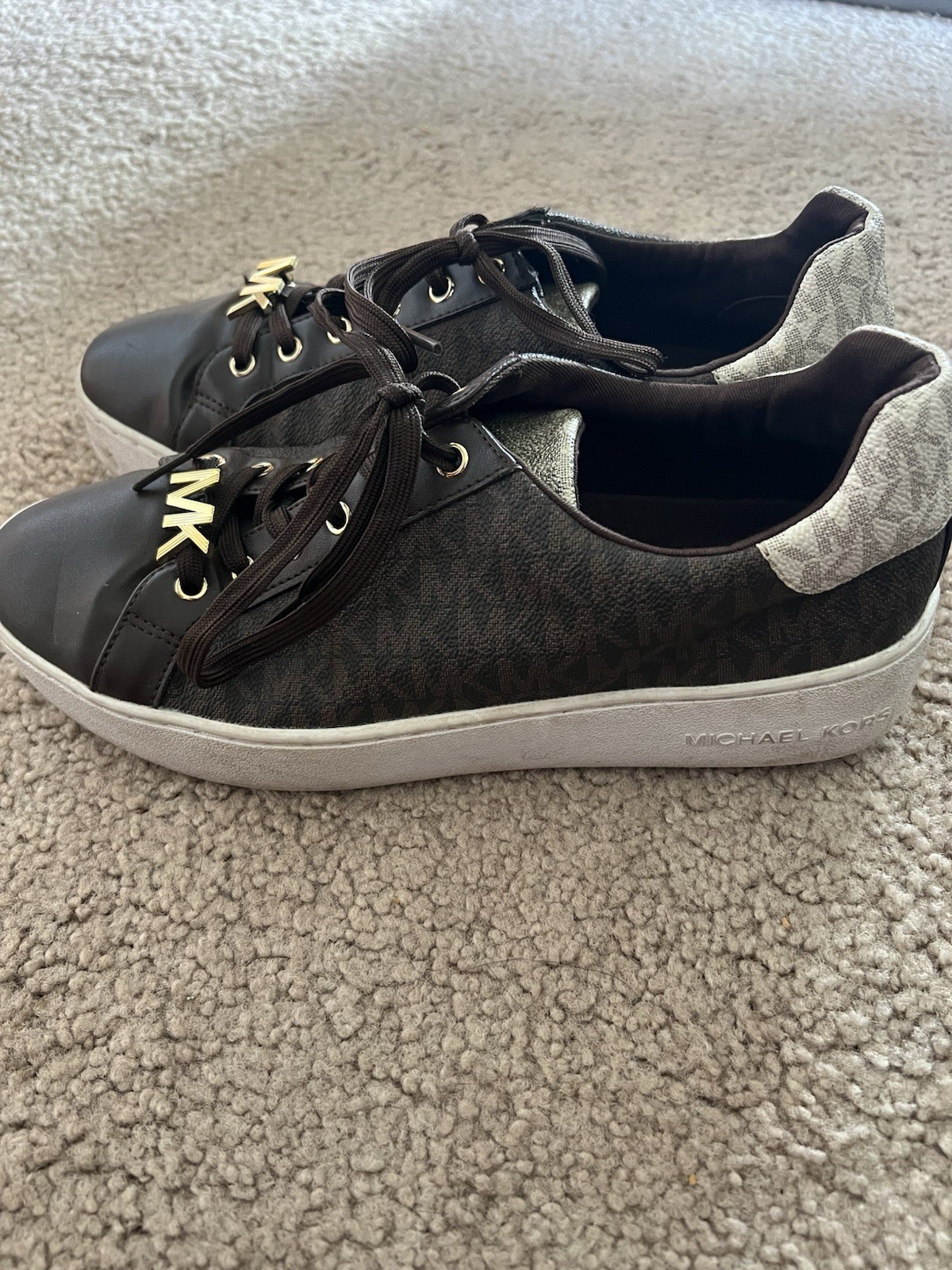 Michael Kors Brown White Gold Logo Low Top Leather Lace Up Sneakers